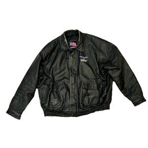 Vintage Leather USA Brand Distressed Black Bomber Jacket Mens Size 2XL Aviation